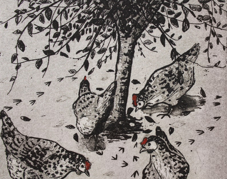 Hen Etching 'Hens Foraging Under A Spindle Tree' Hen Illustration Charlotte Mudd Muddillustration image 3