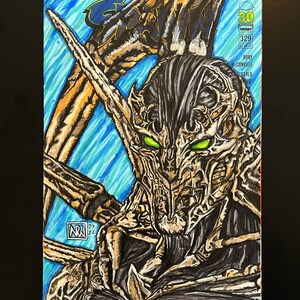 May include: A black and white illustration of Spawn, a comic book character, with green eyes and a bone-like helmet. The background is blue with white streaks. The text "Spawn 329" is in the top right corner.