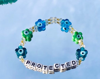 Armband med bokstavsord/armband med onda ögat/skyddsarmband/blomma med onda ögat/onda ögon/hippiearmband/bohoarmband/indiearmband/kristall