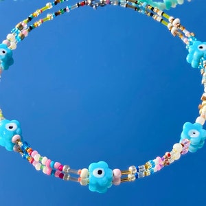 Evil eye choker/evil eye necklace/flower necklace/beaded necklace/boho choker/blue choker/choker necklace/necklace/colorful/protection/y2k