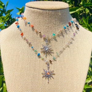 Silver SunBurst Mixed Choker Necklace/beaded choker,beaded necklace,hippie choker,boho choker,hippy choker,boho necklace,indie,rainbow, y2k
