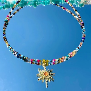 Gold Sun pendant choker,sun necklace,beaded choker,beaded necklace,hippie choker,boho choker,hippy choker,boho necklace,indie choker,rainbow