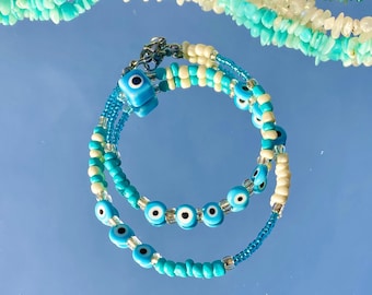 Blue Evil Eye Choker/evil eye necklace/beaded choker/beaded necklace/hippie choker/boho choker/hippy necklace/protection/seed bead choker