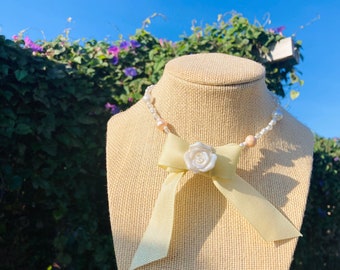 Ribbon Necklace/yellow bow necklace/coquette bow/beaded choker necklace/beaded pearl necklace/classy/trendy/y2k necklace/bow charm necklace