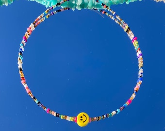 Smiley Face Choker necklace/smiley face necklace/beaded choker/beaded necklace/hippie choker/boho choker/hippy necklace/boho/colorful/indie