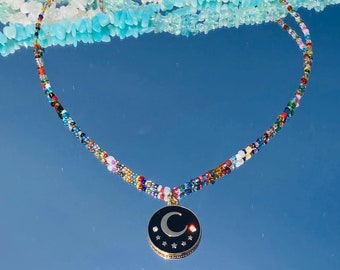 Moon and star necklace,Moon pendant necklace,beaded choker,beaded necklace,hippie choker,boho choker,hippy choker,boho necklace,indie choker