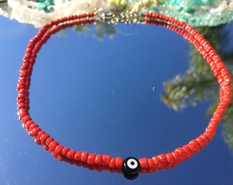Red Beaded Evil Eye Choker, Boho Hippie Necklace