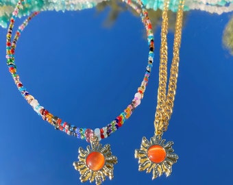 Gold Sun Pendant Necklace, Colorful Beaded Choker, Boho Hippie Jewelry