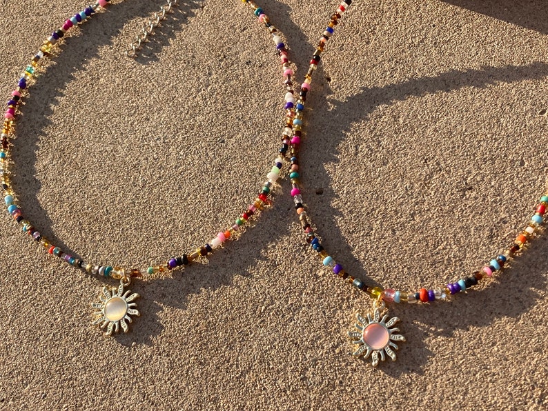 Gold Sun pendant choker,sun necklace,beaded choker,beaded necklace,hippie choker,boho choker,hippy choker,boho necklace,indie choker,rainbow image 2