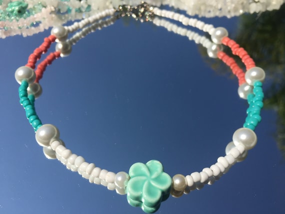 Hibiscus Flower Beaded Choker: Pearl, Colorful Beads, Beachy Boho Necklace