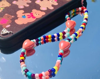 Breloque pour téléphone coeur en perles, sangle de téléphone colorée Année 2000