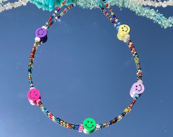 Beaded Smiley Face Choker: Colorful Boho Necklace