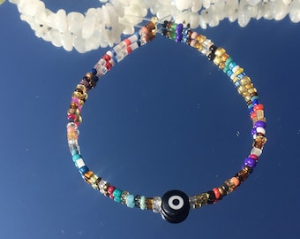 Onda ögat armband, pärlarmband, hippiearmband, skyddsarmband, babyarmband, hippiearmband, boho armband, skydd, guld, färgglatt