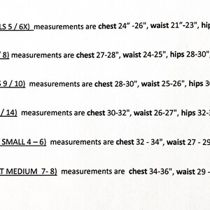 May include: A chart showing size recommendations for girls and adults. The chart lists sizes for girls 5/6X through 12/14 and adult sizes 4-6 and 7-8. Measurements are listed for chest, waist, hips, and height in inches. Girth measurements are also included.