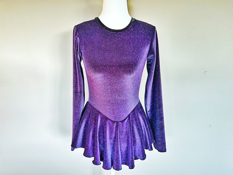 Purple Sparkle Glitter on Black Velvet Figure Iceskating Dress for