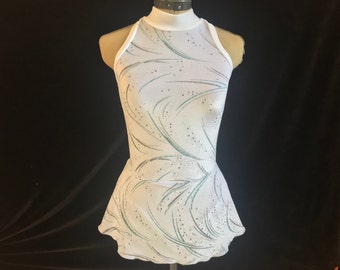 White Silver and Light Blue Competition Figure Ice Skating Dress