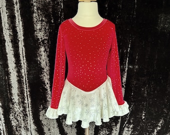 Abito da pattinaggio artistico sul ghiaccio per ragazze, adolescenti e adulte, in velluto rosso e bianco con fiocchi di neve argentati