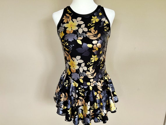Black with Gold and Silver Floral Figure Ice-Skating Dress for Test or Competition