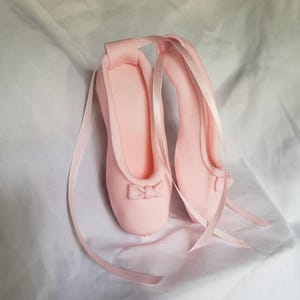 May include: A pair of pink ballet shoes with satin ribbons. The shoes are made of fondant and are perfect for a cake topper.