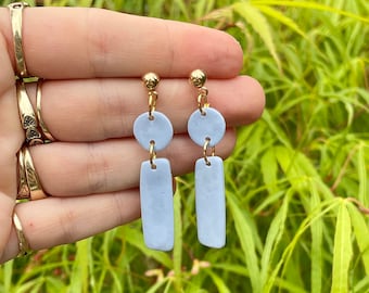 Minimalist Handmade Light Pale Blue Gold Clay Stone Geometric Square Drop Dangle Earrings Statement Jewellery Clay Lightweight Drop Earrings