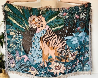 Geweven deken tijgerkat jacquard: vintage kwast, lichtgewicht
