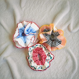 Oversized Gingham Scrunchies: Embroidered Chiffon Frill Hair Ties