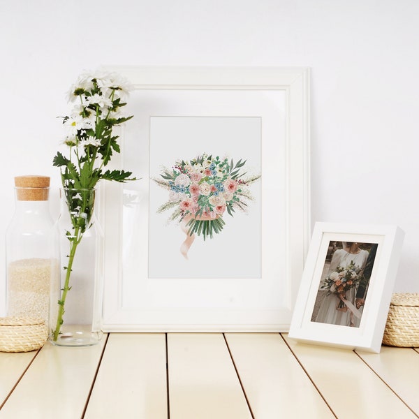 Personalised unique hand drawn wedding Bouquet Illustration, Bespoke, Wedding favour, wedding gift, bespoke anniversary gift, wedding memory