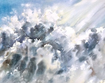 Mystery Clouds, Watercolour Painting, Landscape Painting, Clouds painting, Original Art, Seascape, Rain Clouds, Moody Landscape, Stormy Sky