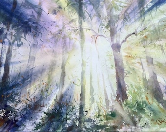 Sunny Morning - Original Watercolor Painting -  Australian, landscape, paintings, outback, morning, country, Gumtree, light, forest, tree