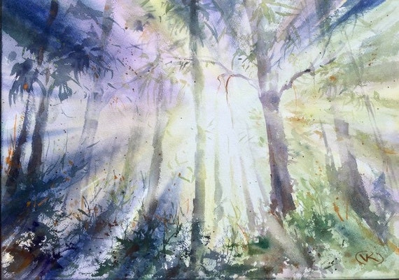 朝 水彩画 森 晴れた朝 - オリジナル水彩画 - オーストラリア 風景