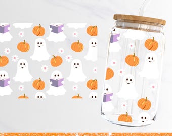 Bookish Ghost Libbey Can Wrap PNG: Spooky Season Iced Coffee Design (Digital Download