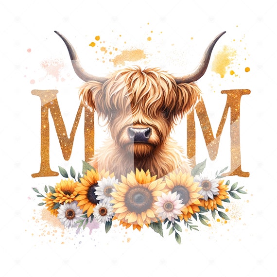 Mom Highland Cow PNG, Mama Clipart, Mother's Day Heifer Cow PNG, Sunflower Sublimation Design, DTF Digital Download, Shirt Design, Mug, Wrap