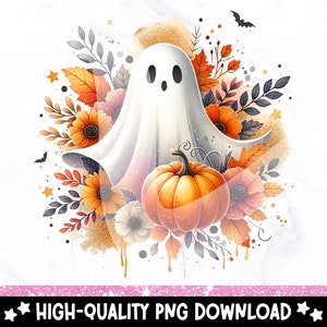 May include: A white ghost with a friendly face surrounded by fall foliage, including orange, yellow, and red leaves, and a small orange pumpkin.