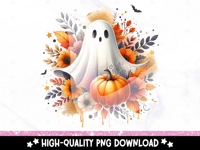 May include: A white ghost with a friendly face surrounded by fall foliage, including orange, yellow, and red leaves, and a small orange pumpkin.