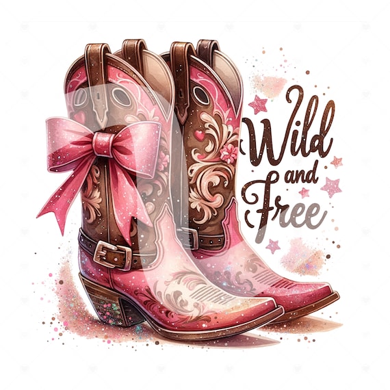 Wild and Free PNG, Cottagecore Cowboy Boots Clipart, Coquette Sublimation Design, Patriotic Boho DTF File, Cowgirl Clipart, July 4th Png