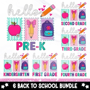 Preppy Back to School PNG Bundle, Hello Kindergarten Pre-K 1st 2nd 3rd 4th Grades PNG, Coquette First Day of School Clipart, Teacher Shirt