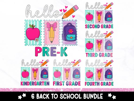 Preppy Back to School PNG Bundle, Hello Kindergarten Pre-K 1st 2nd 3rd 4th Grades PNG, Coquette First Day of School Clipart, Teacher Shirt