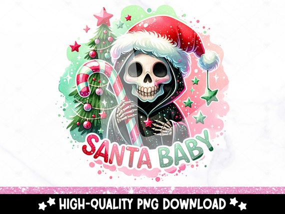 Santa Baby PNG, Christmas Skeleton Sublimation Design, Funny Digital Download, Spooky Grim Reaper Holiday Shirt DTF Transfer, Tshirt, Mug