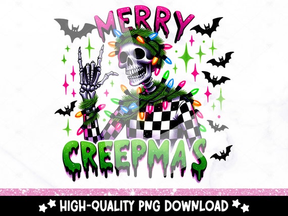 Merry Creepmas Neon Christmas PNG, Spooky Season Retro Skeleton PNG, Funny Hallowthanksmas Clipart, Checkered Christmas Sublimation Design