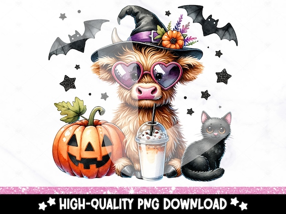 Halloween Highland Cow PNG, Retro Halloween Sublimation Design, Ghost Cows DTF Transfer, Funny Fall Cow Png, Spooky Season, Cow Halloween