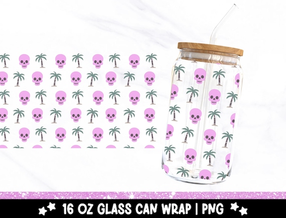 Summerween Skulls 16oz Glass Can Wrap, Spooky Summer Skeleton UV DTF Sublimation Design, Trendy Glass Jar Template Tumbler Libbey Wrap PNG