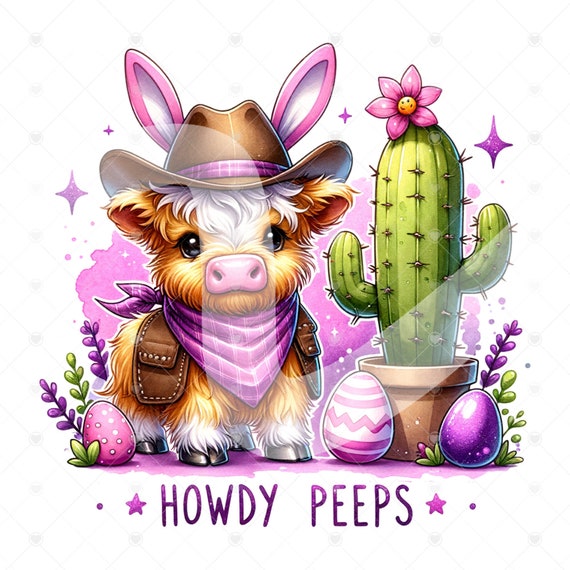 Cute Easter Highland Cow Clipart, Western Howdy Peeps Png, Shirt Sublimation Design, Instant Digital Download, Glass Jar Png, Tshirt Design