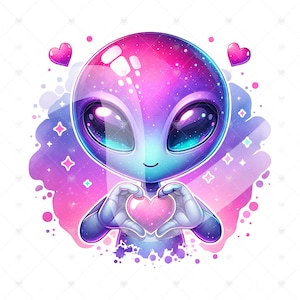 May include: A cartoon alien with a pink and blue galaxy design on its head is holding a pink heart in its hands. The alien is smiling and has a pink and blue galaxy background.