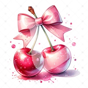 May include: Two red cherries with a pink bow tied around their stems. The cherries are shiny and have a watercolour effect.