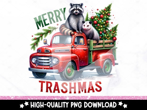 Christmas Raccoon and Opossum PNG, Merry Trashmas PNG, Vintage Red Christmas Truck Clipart, Funny Sublimation Design, Christmas DTF Transfer