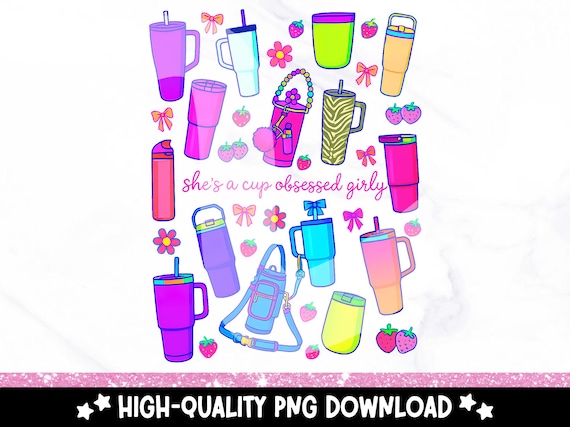 Cup Obsessed Girly PNG, Cute Retro Tumbler Clipart, Y2K 90s Vibe Tumbler PNG, Coffee Lover Sublimation Design, Trendy Tumbler Lover PNG