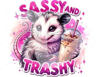 May include: A cartoon possum with a pink tail holds a cup of iced coffee with a pink straw. The possum is smiling and has pink glitter around it. The text "SASSY AND TRASHY" is written in pink glitter below the possum.