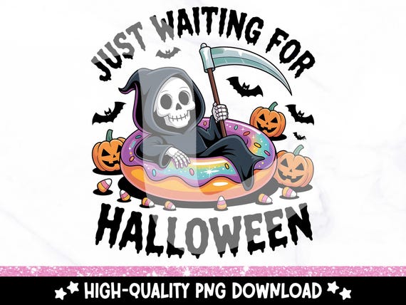 Just Waiting for Halloween PNG, Cute Grim Reaper Clipart, Halloween Sublimation, Donut Float Reaper PNG, Spooky Pastel Goth Art