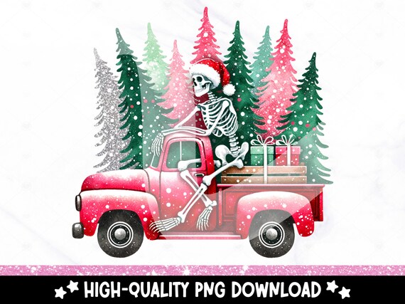 Vintage Christmas Truck PNG, Christmas Skeleton Sublimation Design, Snarky Christmas Uv DTF Transfer, Xmas Mug Clipart, Red Christmas Truck