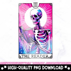 The Reader Tarot Card PNG, Reading Skeleton Sublimation Design, Book Lover Booktrovert Skull Tarot DTF T-shirt File, Mug, Digital Download
